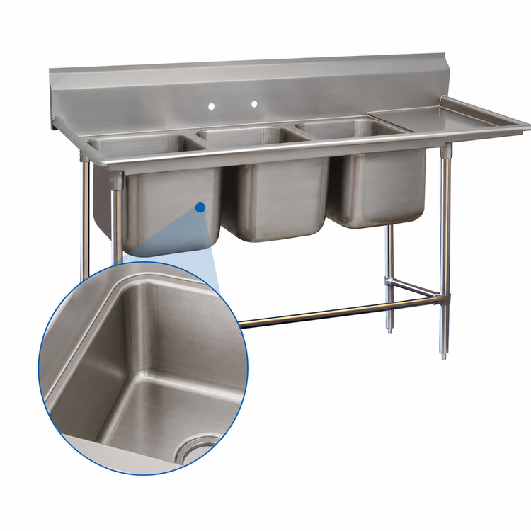 Product image #3 for Advance Tabco Regaline 3-Compartment Deep Drawn Sink with Right-Hand 24-Inch Drainboard, 16 x 20-Inch Bowls