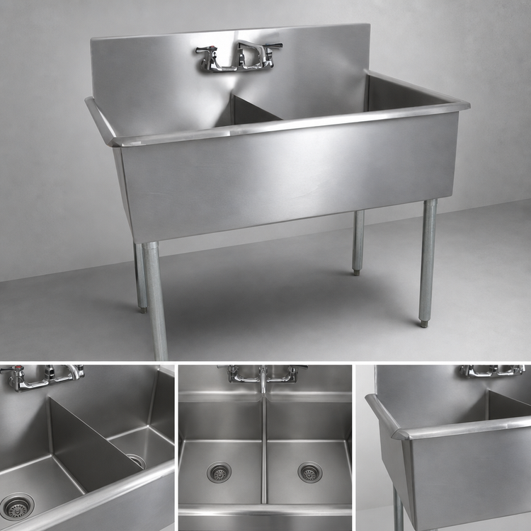 Product image #3 for BK Resources 39-Inch Two-Compartment Budget Sink with 8-Inch Backsplash, 18-Gauge 430 Stainless Steel, Galvanized Legs