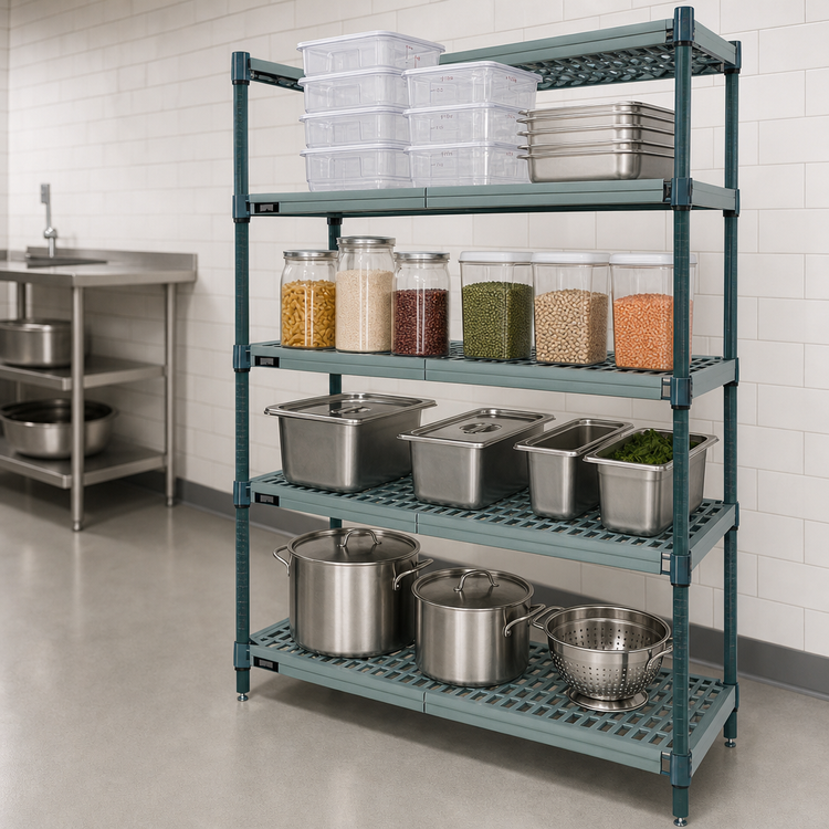 Product image #3 for Quantum 4-Tier Stationary Wire Plastic Mat Shelving Unit, 60"W x 21"D x 63"H, Green Epoxy