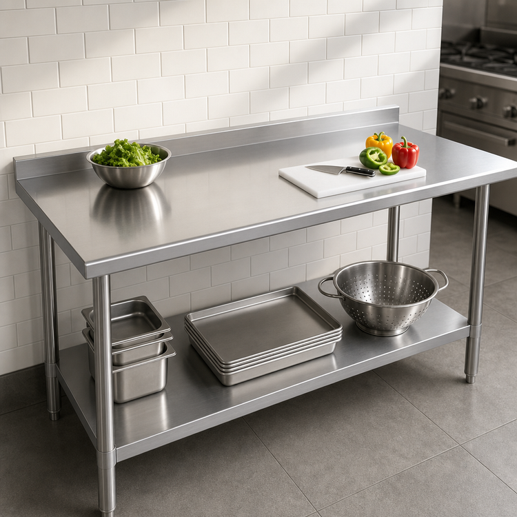 Product image #3 for Duke Deluxe 60 x 36 Inch 16-Gauge 300 Series Stainless Steel Work Table with 1-1/8 Inch Straight Riser and Stainless Undershelf