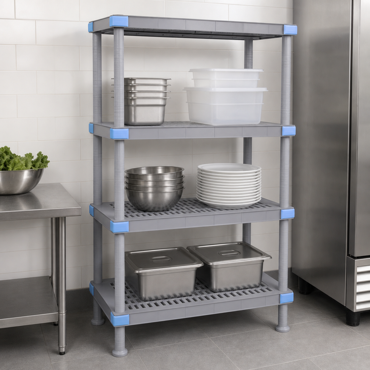 Product image #3 for Quantum Millenia 4-Shelf Polymer Stationary Starter Shelving Unit, 42 in. W x 21 in. D x 62 in. H, Gray, 2,000 lb. Capacity