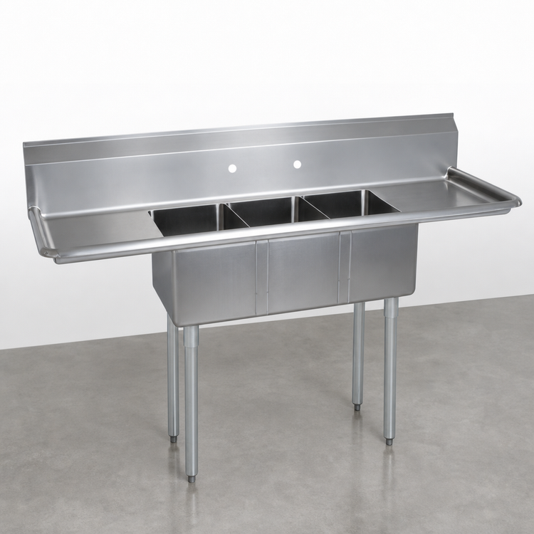 Product image #3 for BK Resources 60-Inch Triple Compartment Convenience Store Sink with Dual 15-Inch Drainboards