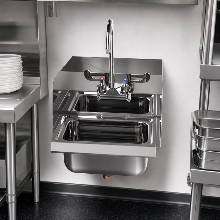 Product image #3 for Atosa 15-Inch Wall-Mount 304 Stainless Steel Hand Wash Sink with Side Splashes, Gooseneck Faucet and Drain