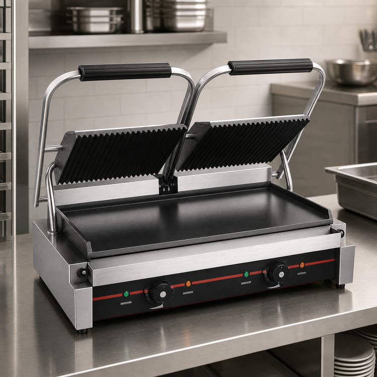 Product image #3 for Serv-Ware Double Countertop Electric Panini Grill with Grooved Top and Flat Bottom
