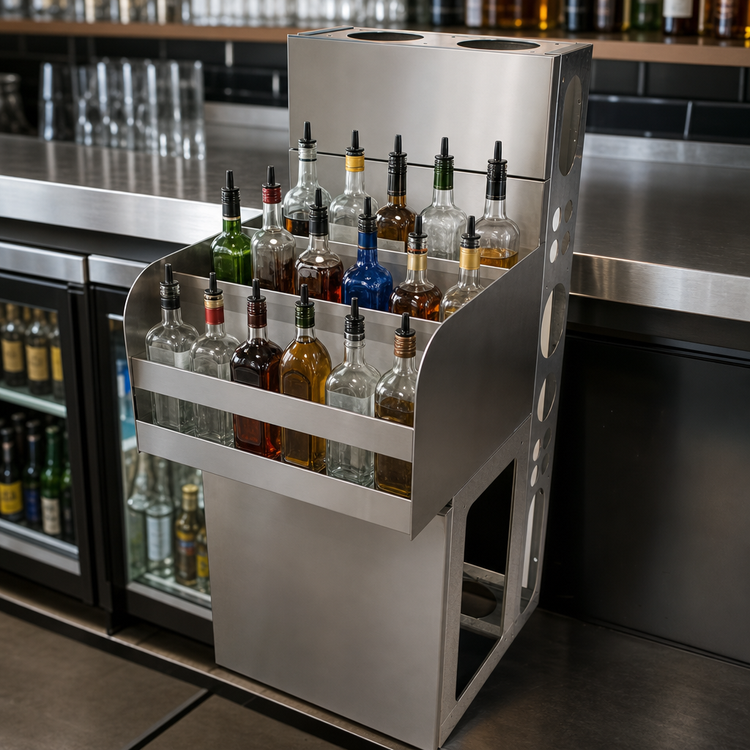 Product image #3 for BK Resources Stainless Steel Underbar Liquor Bottle Display Unit, 24 Inch Wide, 4-Step, Approx. 27-Bottle Capacity