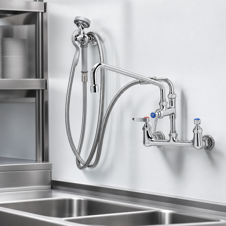 Product image #3 for T&S Brass B-0175-02 Wall Mount Pre-Rinse Mixing Faucet Assembly with Swing Nozzle and 96-Inch Hose