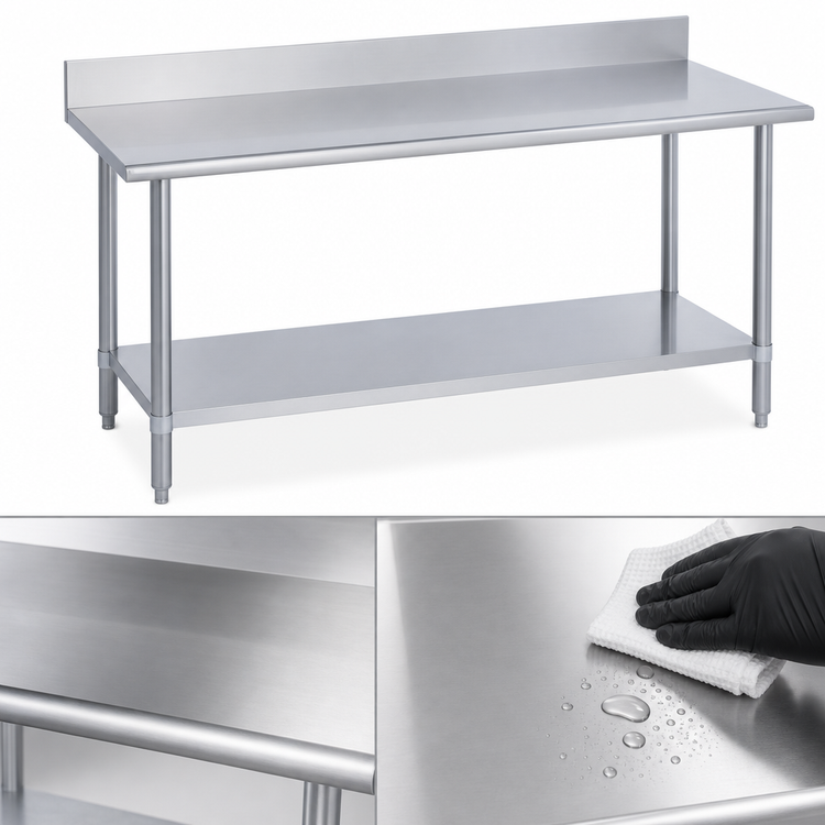 Product image #3 for Duke 72-Inch x 24-Inch 16-Gauge 400-Series Stainless Steel Work Table with 5-Inch Riser and Galvanized Undershelf