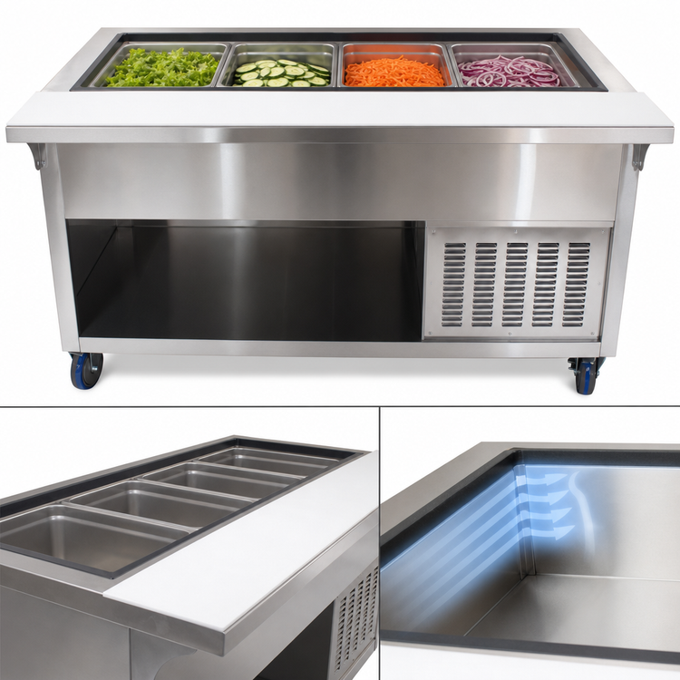 Product image #3 for Advance Tabco 4-Pan Refrigerated Cold Pan Table with Enclosed Base and 8-Inch Cutting Board