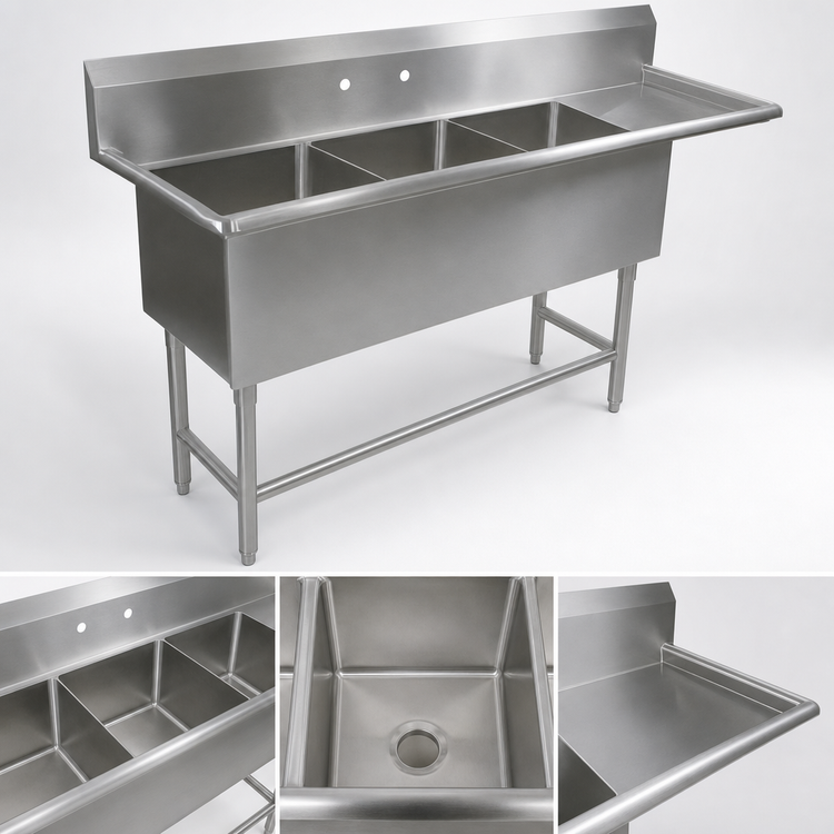 Product image #3 for John Boos Pro-Bowl 3-Compartment Sink with 30-Inch Right-Hand Drainboard, 14-Gauge Stainless Steel