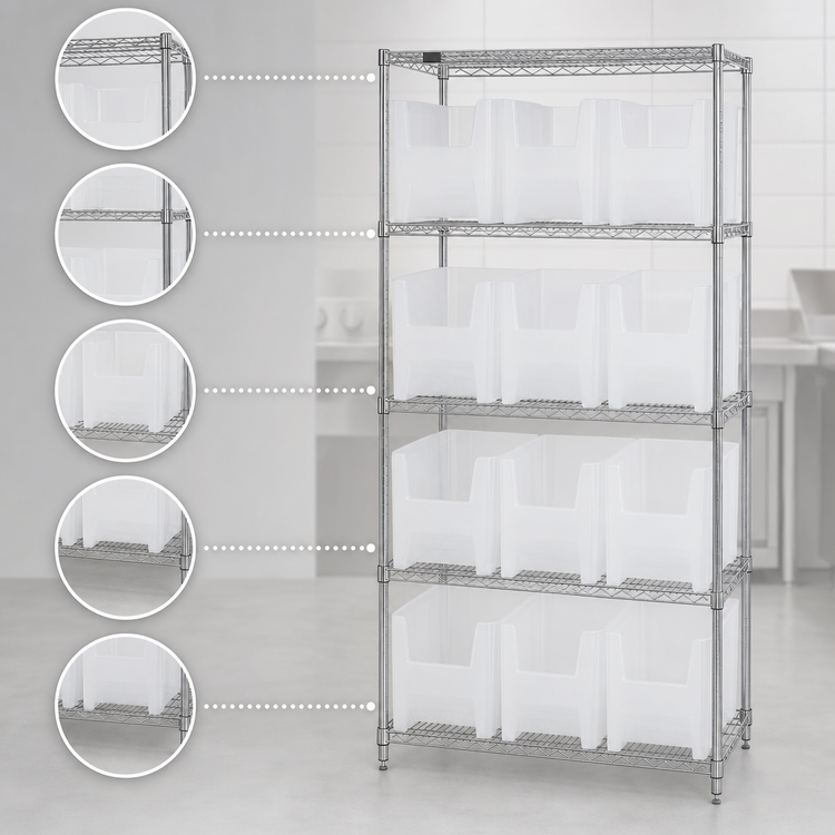 Product image #3 for Quantum 36 in. W x 18 in. D x 74 in. H Chrome-Plated Stationary Bin Wire Shelving System with 5 Shelves