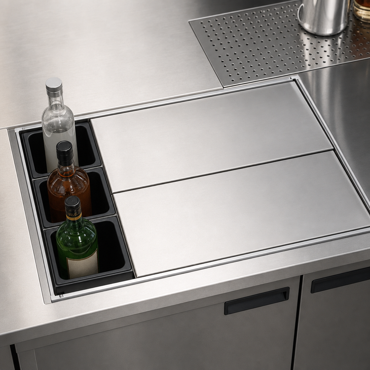 Product image #3 for 48-Inch Underbar Bottle Well Ice Chest Cover Assembly with 3 Left-Side Black Polypropylene Wells