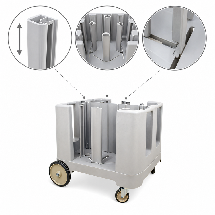 Product image #3 for Omcan Adjustable Dish Caddy Dolly with Dividers and Vinyl Cover, Grey, 240-405 Plate Capacity