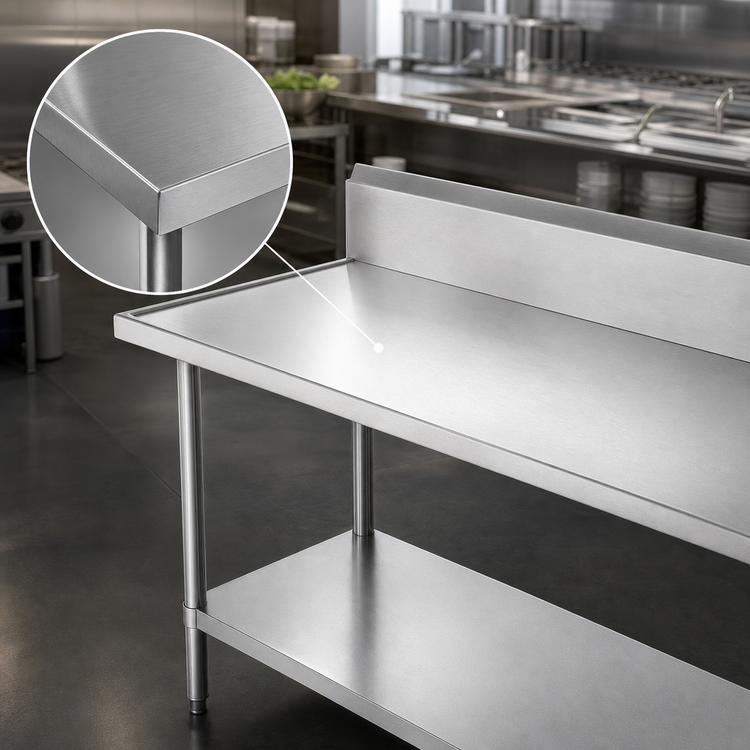 Product image #3 for Advance Tabco VKS-3610 120-Inch x 36-Inch 14-Gauge 304 Stainless Steel Work Table with 10-Inch Backsplash and Undershelf
