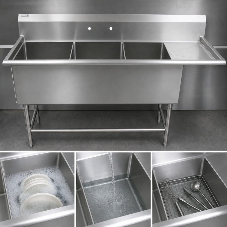 Product image #3 for John Boos Pro-Bowl 3-Compartment Sink with Right Drainboard, 82-3/16-Inch Wide, 14-Gauge Stainless Steel