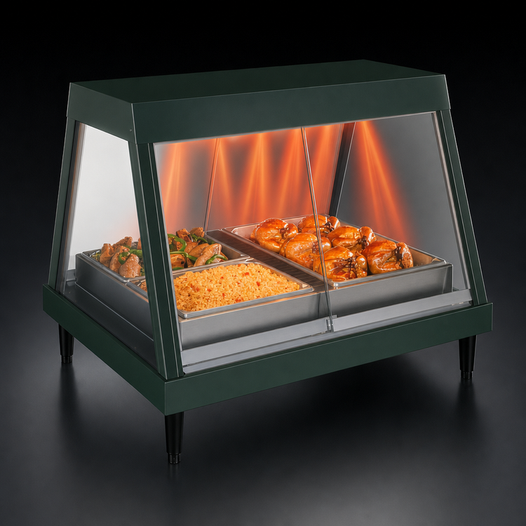Product image #3 for Hatco Glo-Ray Full-Service Countertop Heated Display Case, 3-Pan, Straight Glass Front, Humidity, Rear Sliding Doors