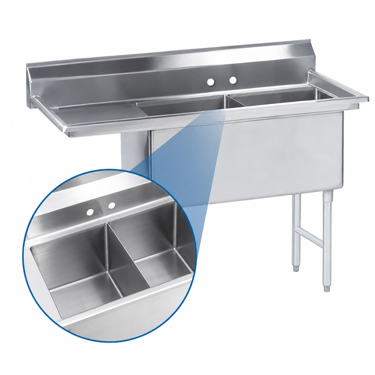 Product image #3 for Advance Tabco 2-Compartment Fabricated Stainless Steel Sink with Left Drainboard, 16 x 20 x 14-Inch Bowls
