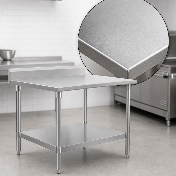 Product image #3 for John Boos Stallion 30 x 30 Inch 16-Gauge Stainless Steel Corner Work Table with 5-Inch Backsplash, Safety Edge and Galvanized Undershelf