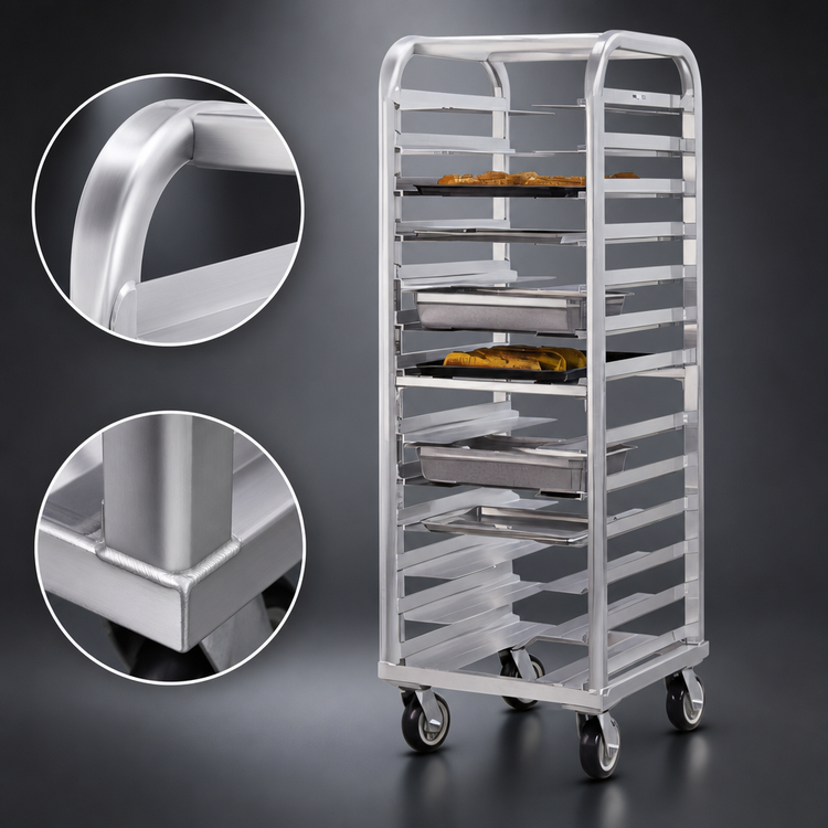 Product image #3 for New Age Lifetime Series Heavy-Duty Aluminum Stepped-Angle Bun Pan Rack, 13-Slide, 73 Inch Tall, With Casters