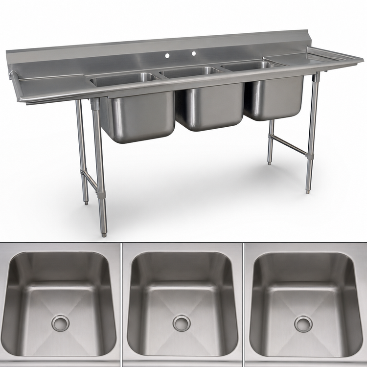 Product image #3 for Advance Tabco Special Value Regaline 3-Compartment Sink with Dual Drainboards, 91-Inch Long, 18-Gauge 304 Stainless Steel
