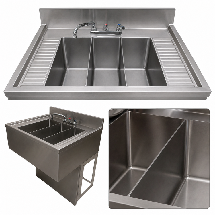 Product image #4 for BK Resources 72-Inch Three-Compartment Underbar Sink with Dual Drainboards and Faucet