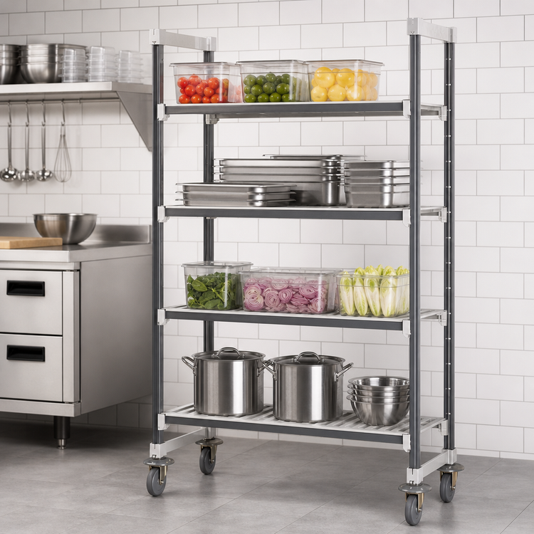 Product image #3 for Cambro Camshelving Elements XTRA High Density Mobile Starter Unit, 24" x 48" x 78-1/4", 4-Tier, Vented, Speckled Gray