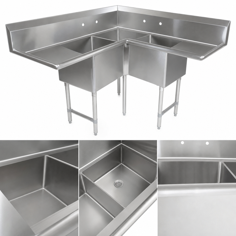 Product image #3 for John Boos E3BCS-244-2D24-X 18 Gauge 3-Compartment Stainless Steel Corner Sink with Dual 24-Inch Drainboards