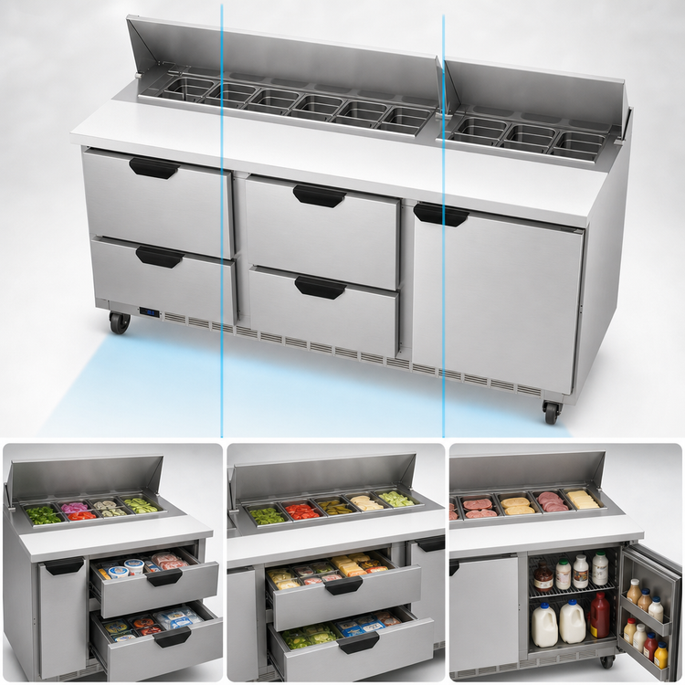 Product image #4 for Beverage-Air SPED72HC-18-4 Three-Section 72-Inch Sandwich Top Refrigerated Prep Table with 4 Drawers, 1 Door, and 18-Pan Rail