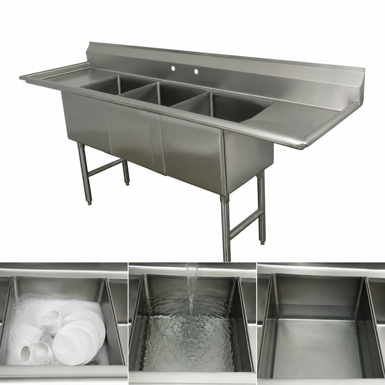 Product image #3 for Advance Tabco 3-Compartment Fabricated Sink with Left and Right Drainboards, 20 x 30 x 14 Inch Bowls
