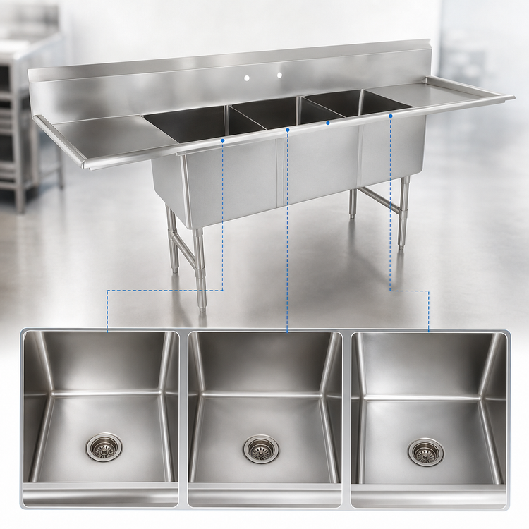 Product image #3 for John Boos B Series 3-Compartment Stainless Steel Sink with Dual Drainboards, 10" Backsplash