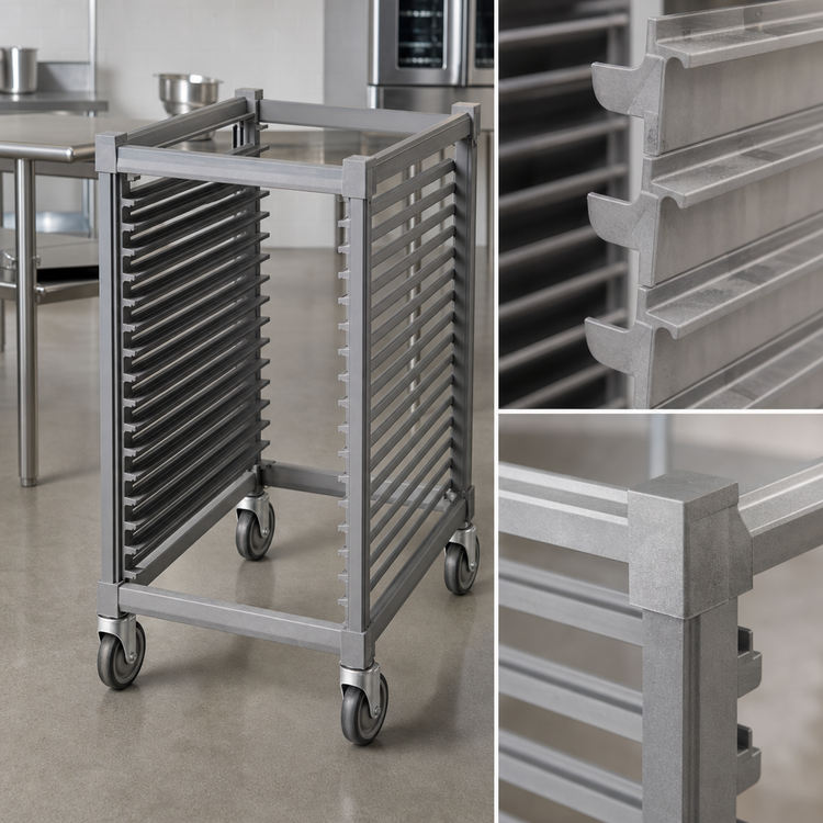 Product image #4 for Cambro Camshelving Ultimate Half-Size Mobile Sheet Pan Rack, 20 Full-Size or 40 Half-Size Pan Capacity, 1-1/2" Rail Spacing, Metal Casters