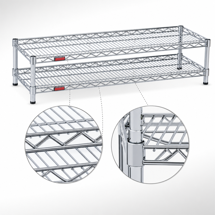 Product image #3 for Eagle Group QuadTruss 2-Tier Front Case Merchandise Wire Shelving Unit, 30W x 14D x 14H, Chrome Finish