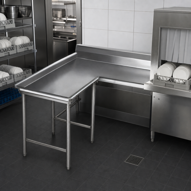 Product image #3 for Eagle Group Island Clean Dishtable, 120" Machine-to-Corner x 60" Corner-to-End, 30" Working Depth, 16 Gauge 304 Stainless Steel, Right-to-Left Operation