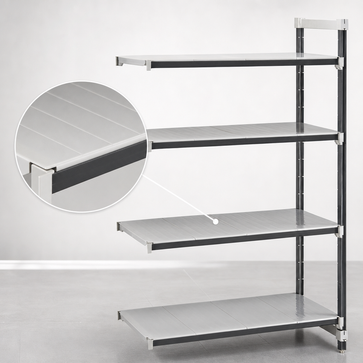 Product image #3 for Cambro Camshelving Elements XTRA 24" x 24" x 84" Stationary Add-On 4-Tier Solid Polymer Shelving Unit, Speckled Gray