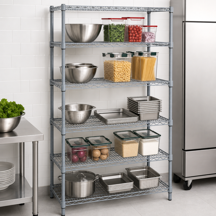 Product image #4 for Quantum Stationary Wire Shelving Starter Kit, 48 in. W x 24 in. D x 86 in. H, 5 Shelves, Gray Epoxy Antimicrobial Finish