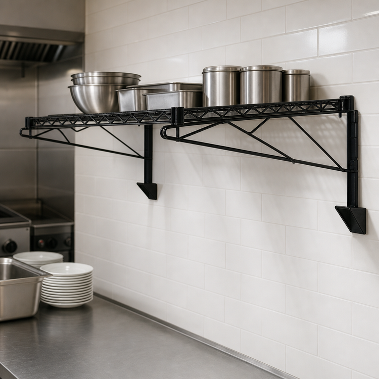 Product image #3 for Quantum 60 Inch x 18 Inch Cantilever Single Shelf Wall Mount Wire Shelving Unit, Black Epoxy Antimicrobial Finish