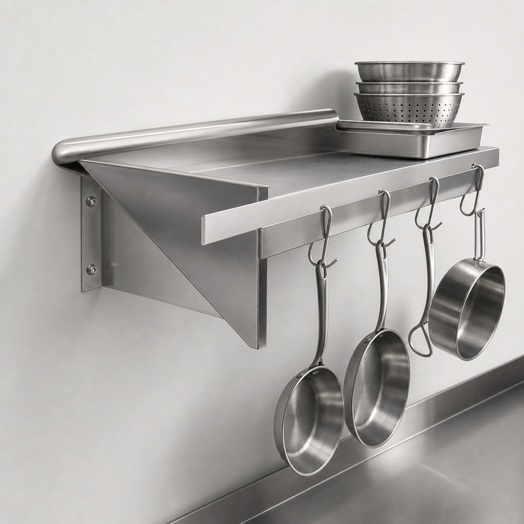 Product image #3 for Advance Tabco Special Value 72-Inch Wall-Mounted 12-Inch Deep Stainless Steel Shelf with Pot Rack