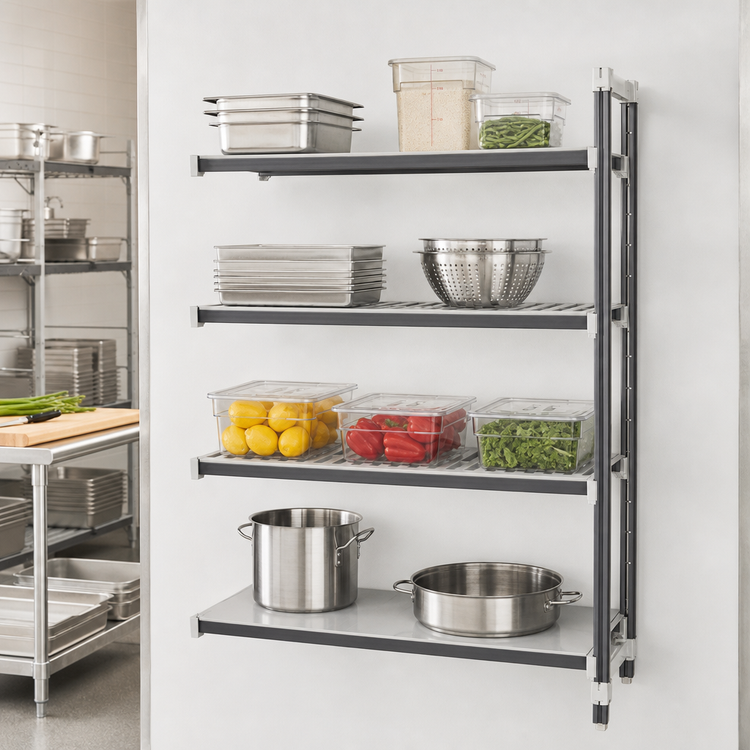 Product image #3 for Cambro Camshelving Elements XTRA 21" x 54" x 64" Stationary Add-On Polymer Shelving Unit, 4-Tier, Vented and Solid, Speckled Gray