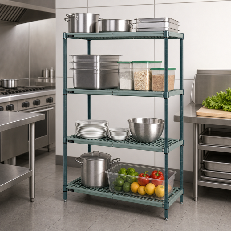 Product image #3 for Quantum 4-Tier Stationary Wire Shelving Unit with Plastic Mats, 30 x 14 x 63 Inch, Green Epoxy Coated