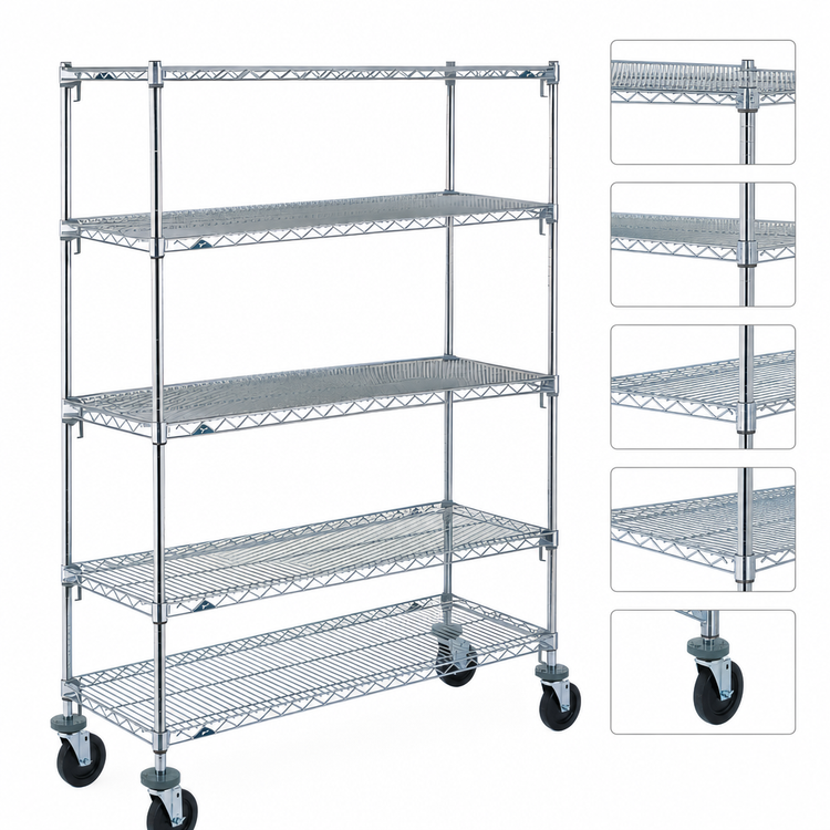 Product image #3 for Metro Super Erecta 5-Shelf Chrome Wire Stem Caster Cart, 60 x 18 x 67-7/8 Inches, 900 lb. Capacity