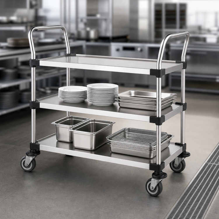 Product image #3 for Standard Duty Stainless Steel 3-Shelf Bus Cart with Push Handles, 36 x 24 Inches