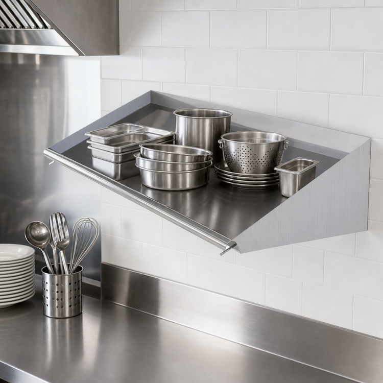 Product image #3 for 42 Inch Wall-Mounted Solid Stainless Steel Slanted Rack Shelf with 2-Inch Splash Guards