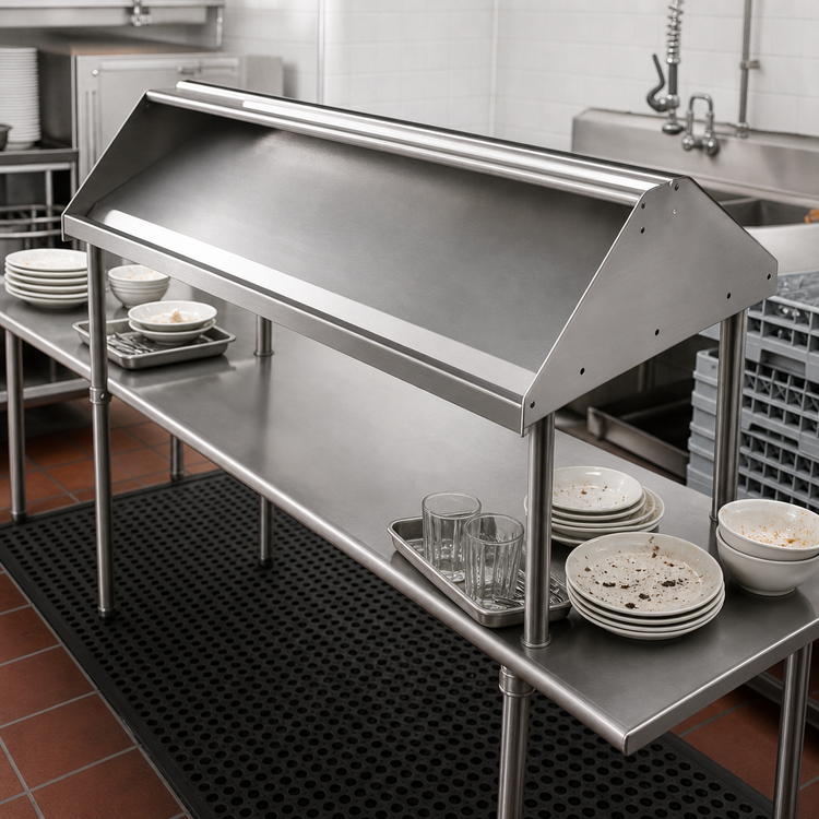 Product image #3 for John Boos Double-Sided Solid Stainless Steel Sorting Shelf for Soiled Dish Tables, 132 x 30-1/2 Inch, Table/Wall Mount