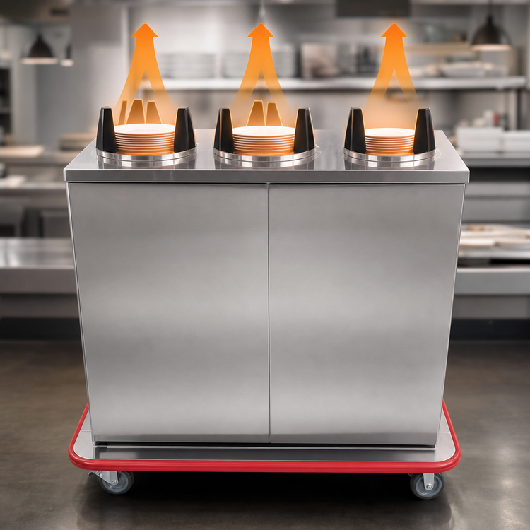 Product image #3 for Mobile Heated Enclosed Plate Dispenser Cart for 9-Inch Round Plates, 3-Silo, Stainless Steel