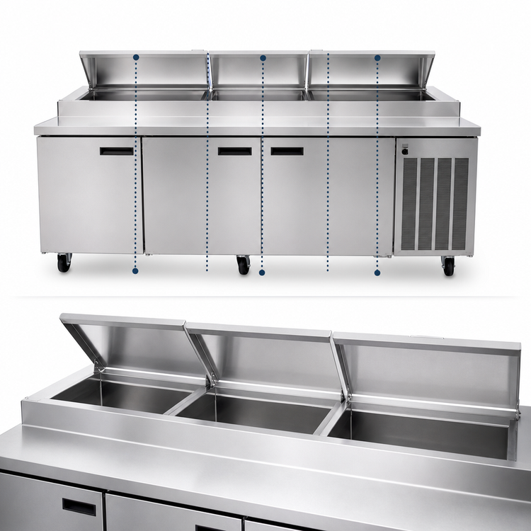 Product image #3 for Delfield 114-Inch Three-Section Refrigerated Pizza Prep Table, 30.9 Cu. Ft., Stainless Steel Top, 14 Third-Size Pan Capacity, Side-Mounted R290 Refrigeration
