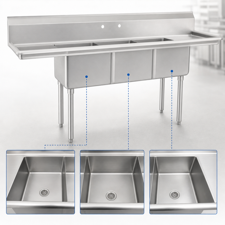 Product image #3 for BlendPort® BPFE Series 3-Compartment Economy Sink, 77 Inch Wide, 24 x 24 x 12 Inch Bowls