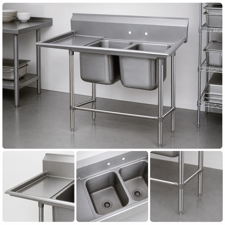 Product image #3 for Advance Tabco Regaline 2-Compartment Freestanding Sink with Left-Hand Drainboard, 20" x 20" Bowls, 36" Drainboard, 14-Gauge 304 Stainless Steel