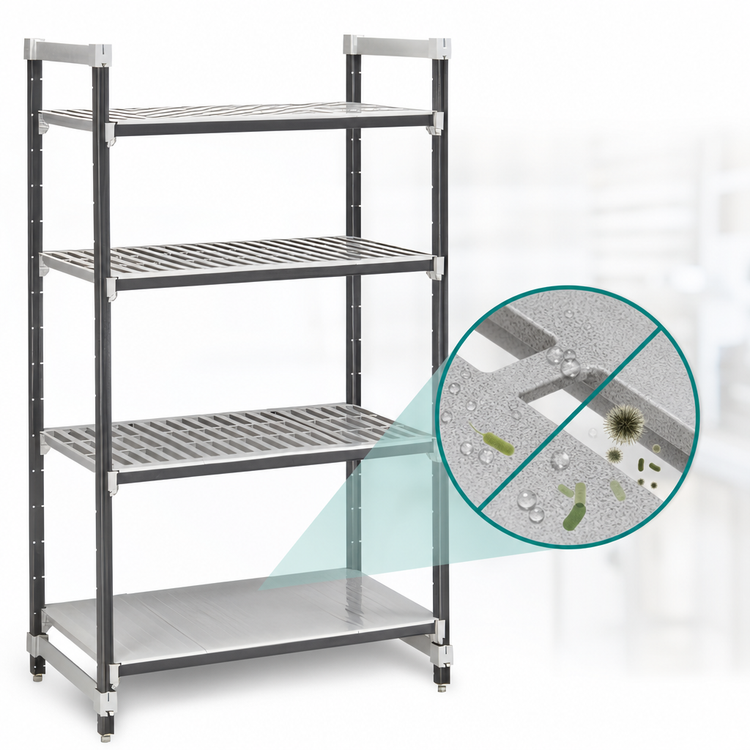 Product image #3 for Cambro Camshelving Elements XTRA 4-Tier Stationary Polymer Shelving Starter Unit, 24 x 72 x 84, 3 Vented + 1 Solid, Speckled Gray