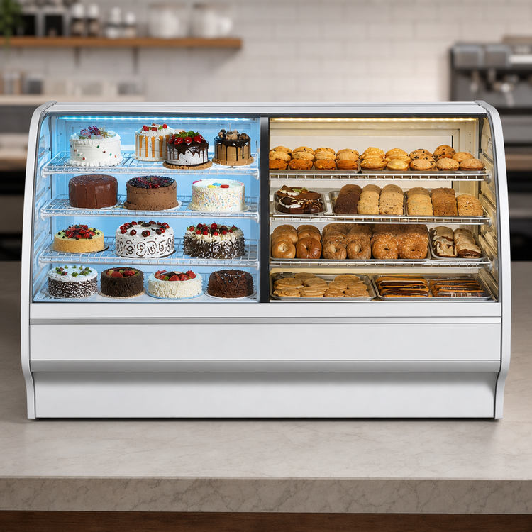 Product image #3 for True 77-1/4 Inch Dual Zone Dry/Refrigerated Curved Glass Full-Service Merchandiser Display Case, Self-Contained Refrigeration, Stainless Steel / White