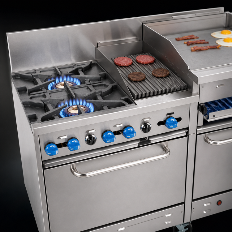 Product image #3 for Comstock-Castle 60-Inch Commercial Gas Range with 2 Open Burners, 24-Inch Raised Griddle, 24-Inch Char-Broiler, and 2 Standard Ovens