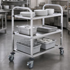 Thumbnail image #4 for Winco SUC-50 3-Tier Stainless Steel Bus Cart with Solid Shelves, Wheels, and 2 Handles, 37 x 19 x 37 Inches